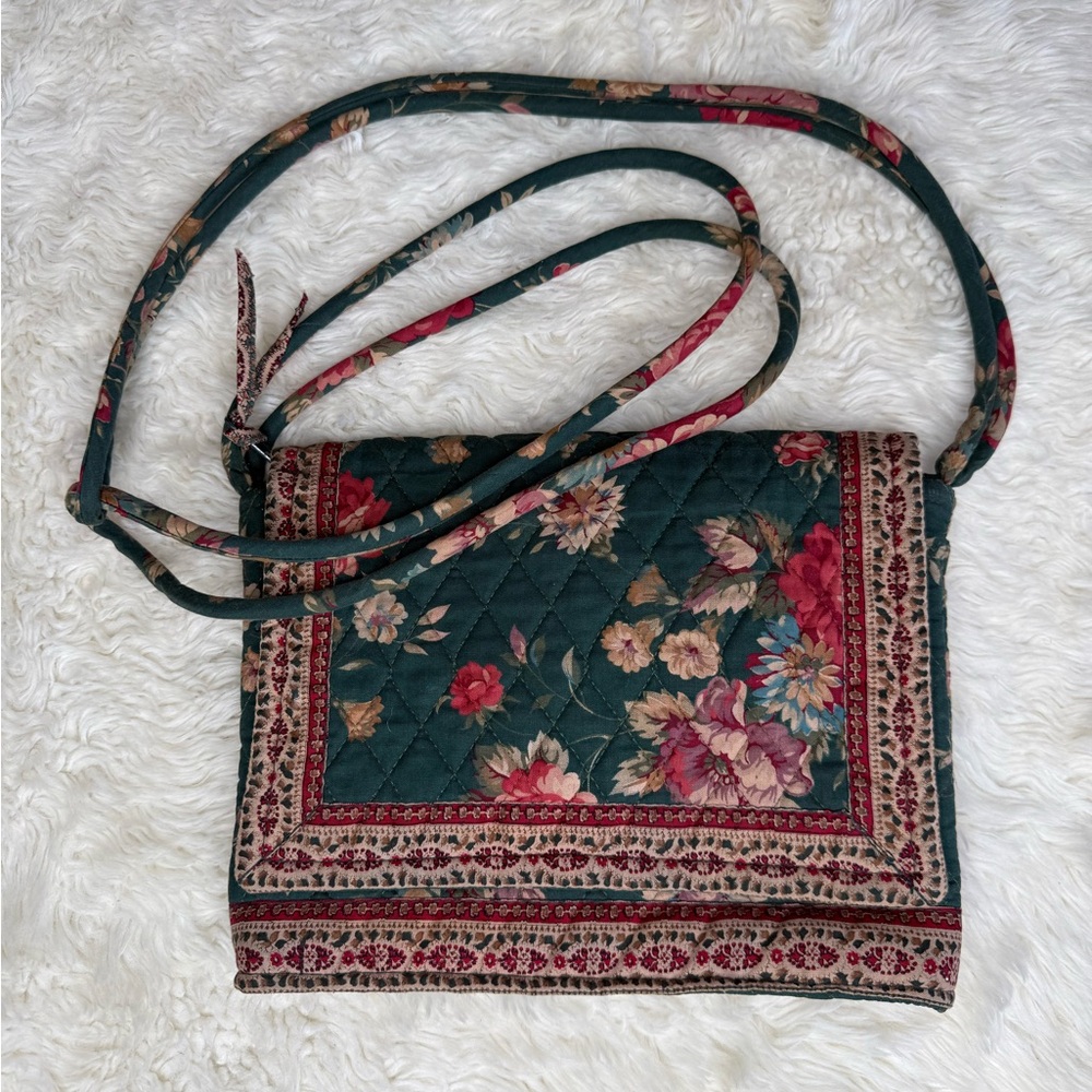 Vintage 80's Vera Bradley Prairie Rose Bag Indiana Tag Floral Flat Crossbody Gre - Picture 14 of 14